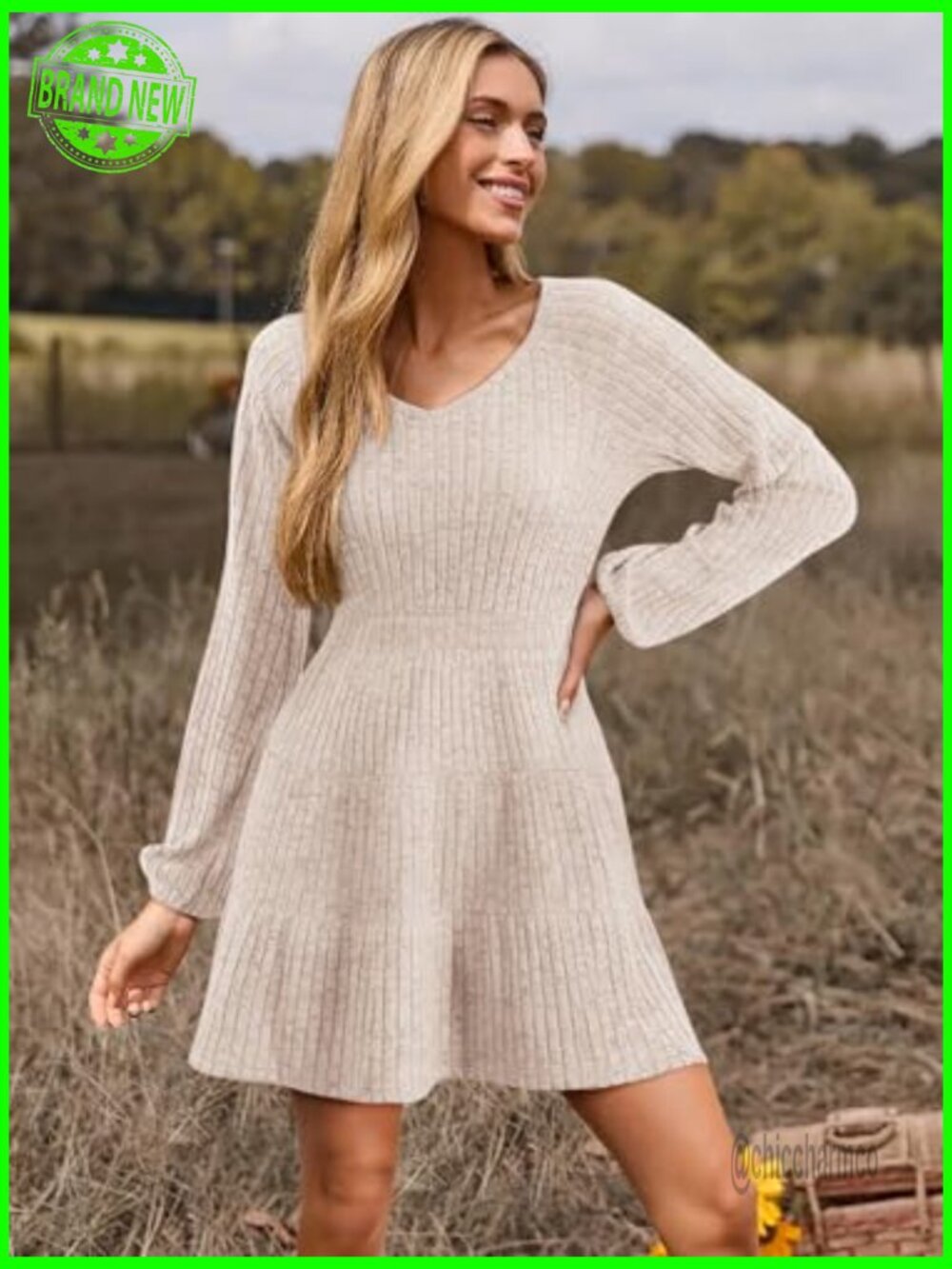 Long Sleeve V Neck Ribbed Knit Babydoll Tiered Mini Sweater Dress - Picture 6 of 7
